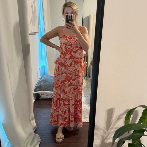 Resort Style Tropical Floral Vacation Orange & White Maxi Dress - Picture 5 of 14